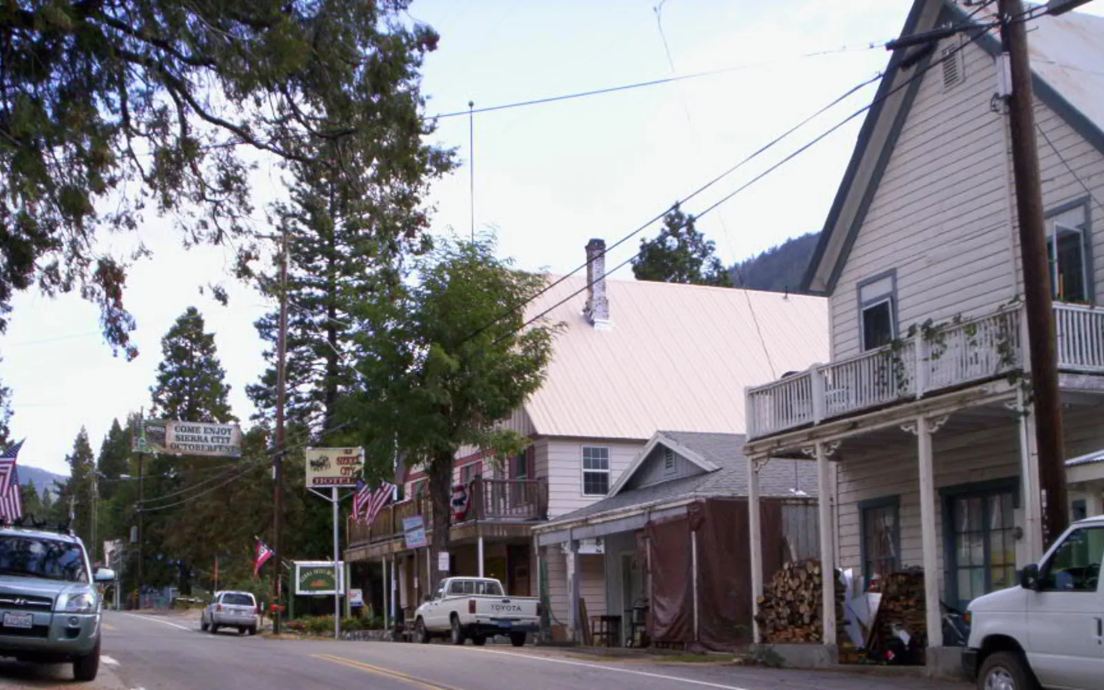 Main Street in historic downtown with vintage storefronts and buildings on Sierra City's main thoroughfare